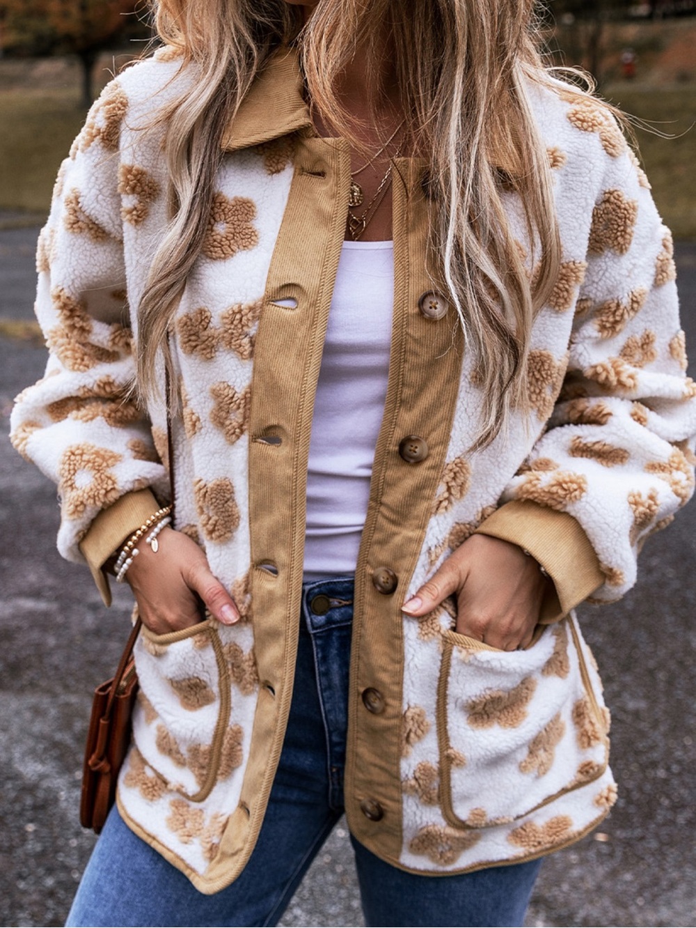 💚 Flower Pattern Button Up Fleece Jacket Women's Cream Sherpa Teddy Jacket